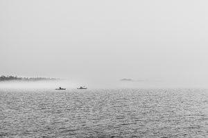 Ontario Kayakers in Morning Mist Black and White Photography Print