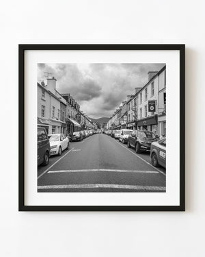 Kenmare town street in County Kerry Ireland in black and white