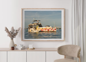 Colour photograph of a red-spotted houseboat and water reflections