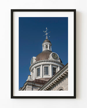 Kingston City Hall clock dome beneath a clear blue sky