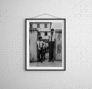 Black and white photograph of schoolboys in Kochi India