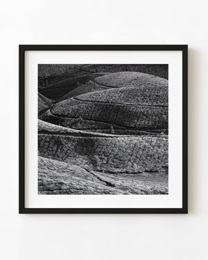 Black and white photograph of rolling tea fields in Kodanad, India.