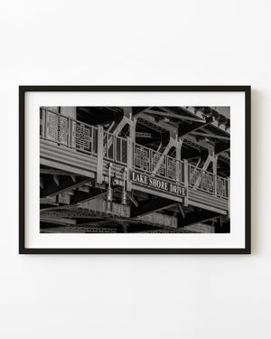 Black and white Lake Shore Drive bridge structure in Chicago