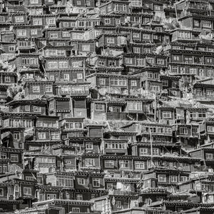 China, ladera, pueblo, arquitectura, arte monocromático