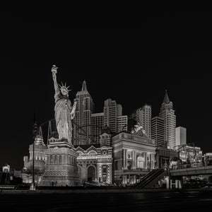 New York New York hotel facade at night Las Vegas monochrome