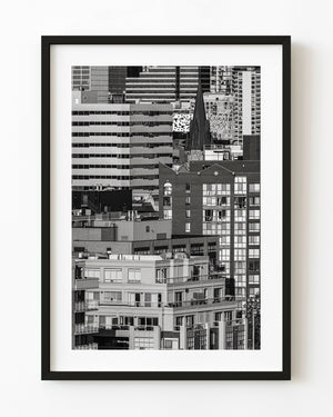 Black and white photograph of downtown Toronto buildings layered together