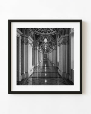 Library of Congress Thomas Jefferson Building interior hallway in black and white