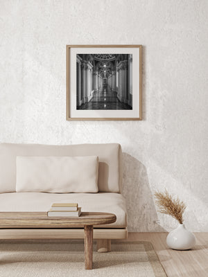 Piso y columnas de mármol adornado Biblioteca del Congreso en blanco y negro