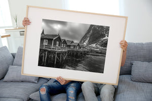 Lofoten cabins snowy peaks wall art