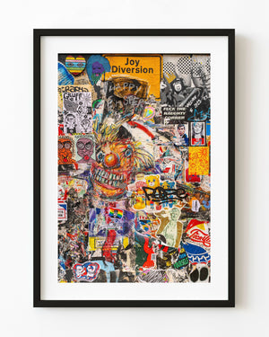 Colourful London street-art wall with layered stickers, torn posters and a large painted face