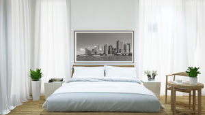 Black and white New York skyline stretching along the East River