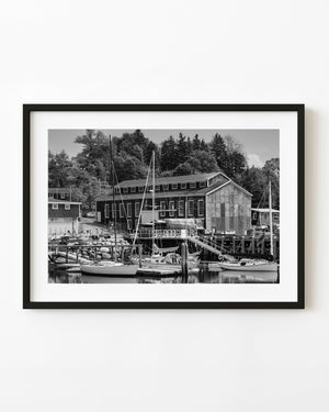 Black and white photograph of the Big Boat Shed in Lunenburg