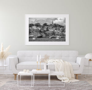Monochrome view of Lunenburg’s working harbour and hillside architecture