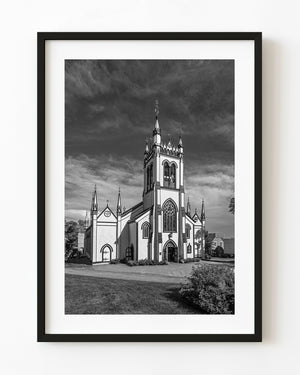 Black and white photograph of St Johns Anglican Church in Lunenburg Nova Scotia