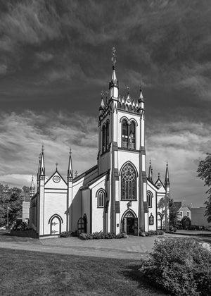 Historic wooden Gothic church architecture in Lunenburg Nova Scotia black and white