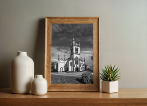St Johns Anglican Church tower and spires under dramatic clouds Lunenburg