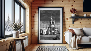 Historic Anglican church building rising above Lunenburg town streets