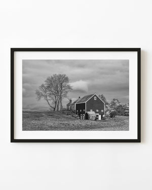 Rural farmhouse and barn Maine black and white