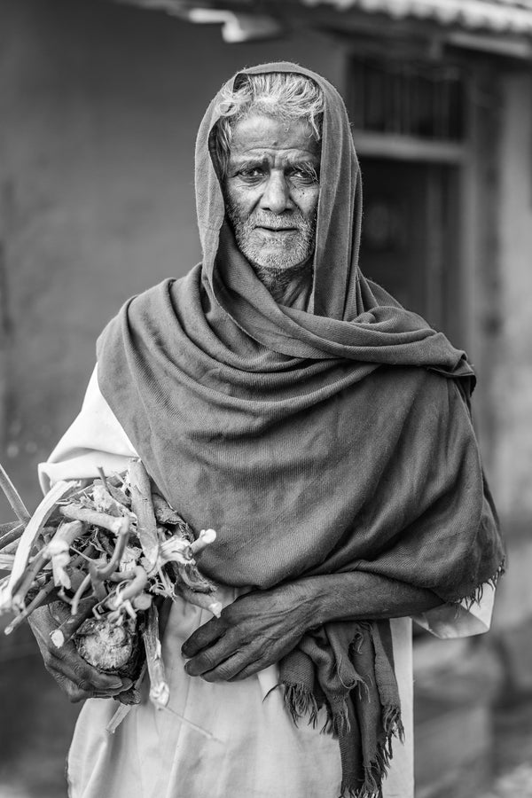 Black and white portrait man in India