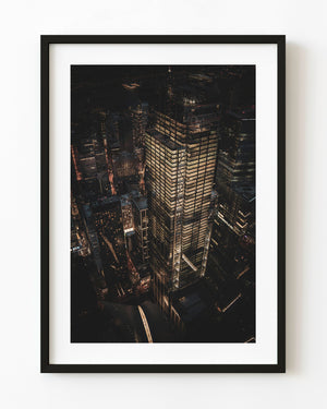 Night aerial view of a New York City skyscraper under construction