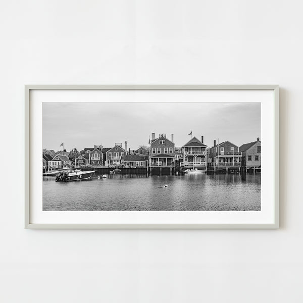 Black and white photo of Martha’s Vineyard waterside homes