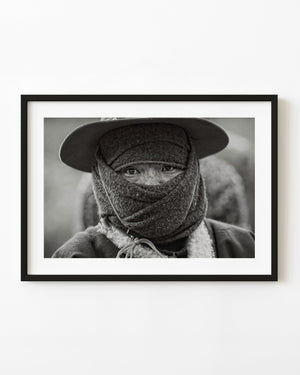 Black and white portrait of a masked man in northern China