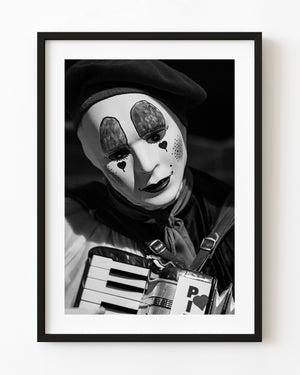 Black and white portrait of a masked Toronto accordion busker