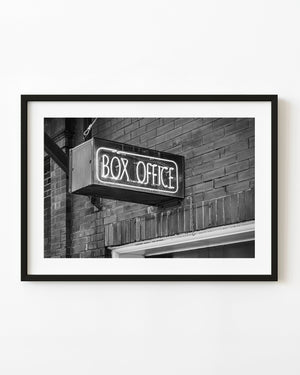 Black and white box office neon sign outside Massey Hall Toronto