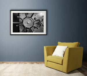Historic steel bank vault photographed in monochrome