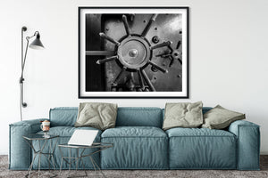 Black and white industrial vault door fine art photograph