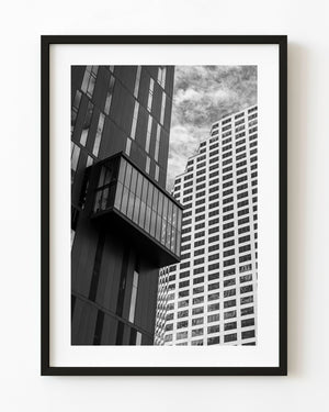 Black and white upward view of modern office buildings in Memphis