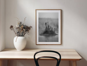 Spruce trees rising from small island in foggy Newfoundland landscape