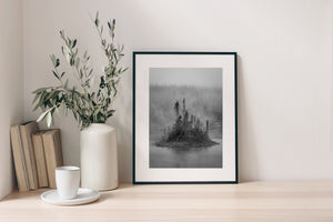 Misty woodland shoreline and island trees Newfoundland monochrome scene