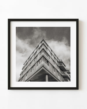 Black and white low-angle view of a modern Oslo building corner