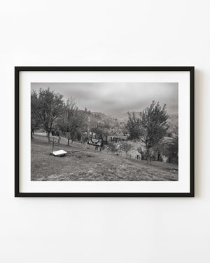 Monochrome clothesline scene in rural Moieciu Romania