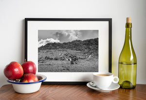 eagle hunters gathered in mountain terrain with horses monochrome