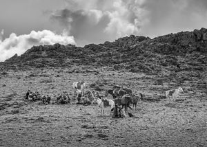 black and white photo of eagle riders sitting on rocky hillside Mongolia