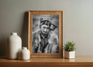 close up face of eagle hunter Mongolia black and white photo
