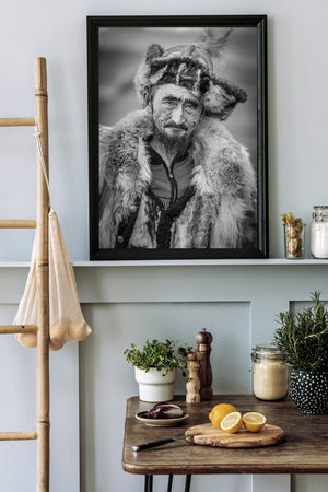 weathered face of Mongolian man detailed portrait black and white