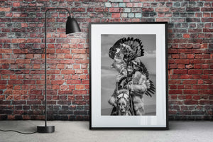 Black and white portrait of Kazakh eagle hunter in Mongolia