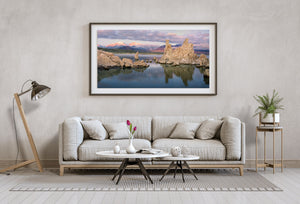 Tufa reflections and illuminated snowy summits form a panoramic Mono Lake scene