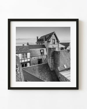 Black and white rooftops and half-timbered buildings at Mont Saint-Michel