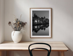 Historic Amsterdam buildings in early morning calm