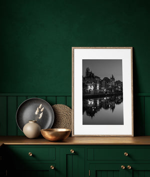 Black and white photo of Amsterdam at dawn