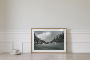 Snow-streaked peaks surrounding the Reine waterfront in Norway