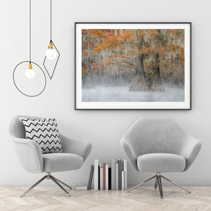 Modern living room with two gray chairs, a decorative pillow, books, and a framed nature print on the wall.