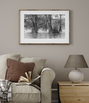 Living room with beige sofa, lamp, and framed black and white landscape on wall
