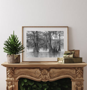 Framed black and white nature print on a wooden mantelpiece with decorative items.