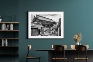 Symmetrical temple gate composition in black and white photography