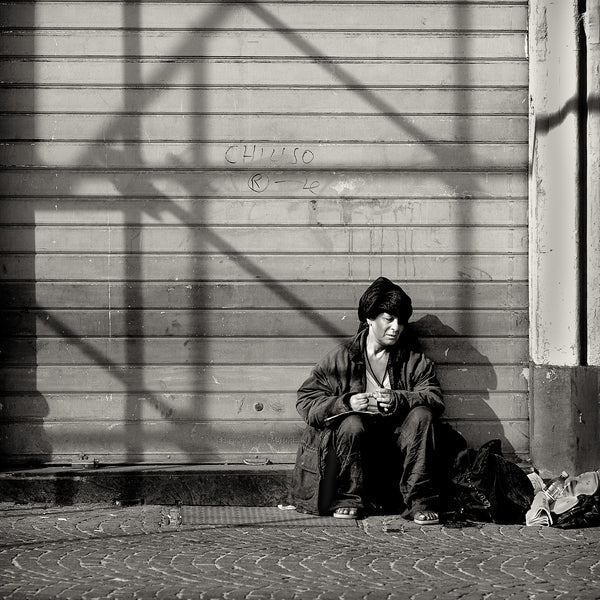 Monochrome homeless urban scene